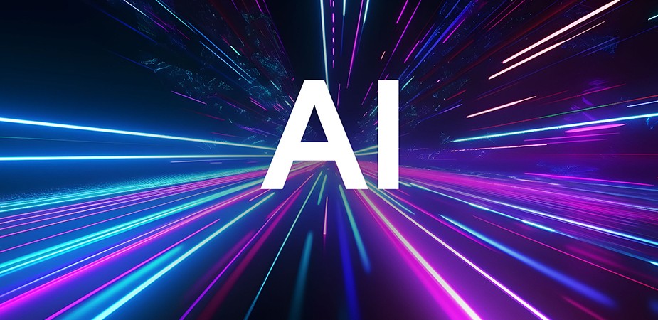 ブルー、ピンク、パープルのスターフィールド、中央に「AI」の文字。