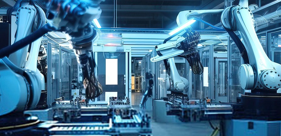 能率化された空間で作業する複数のロボットアーム。