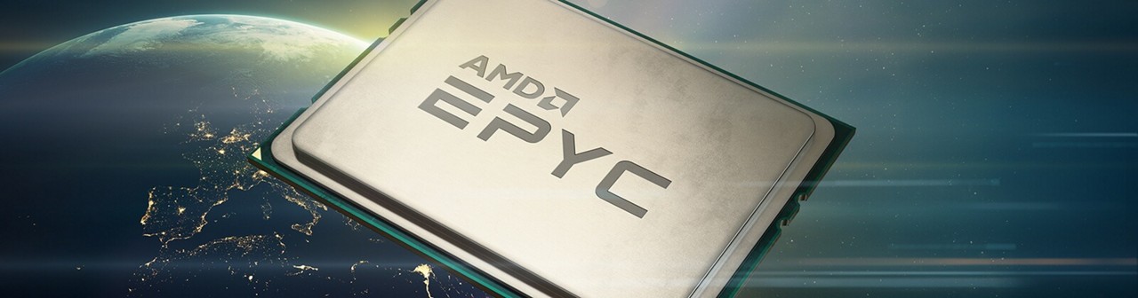 地球を含む宇宙空間を背景にしたAMD EPYCプロセッサー