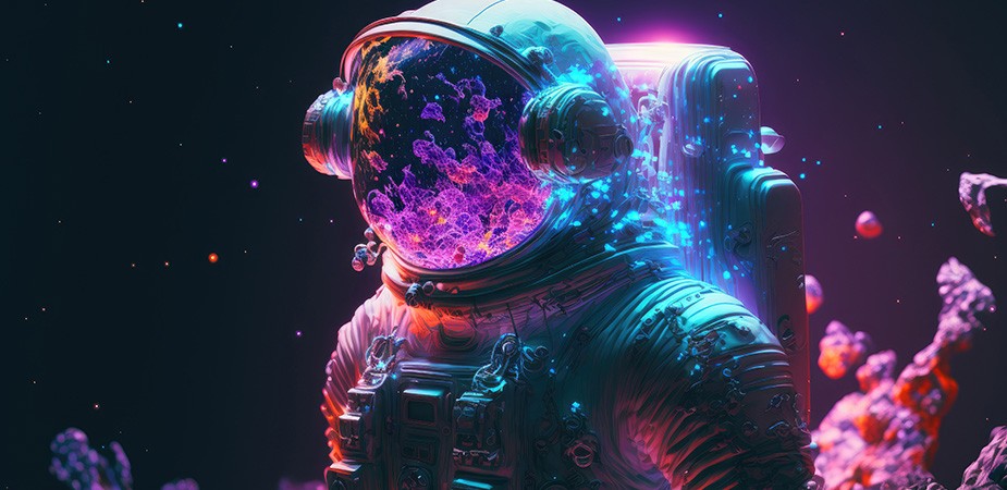 宇宙に浮かぶ宇宙飛行士のマスクにカラフルな物体が映っている