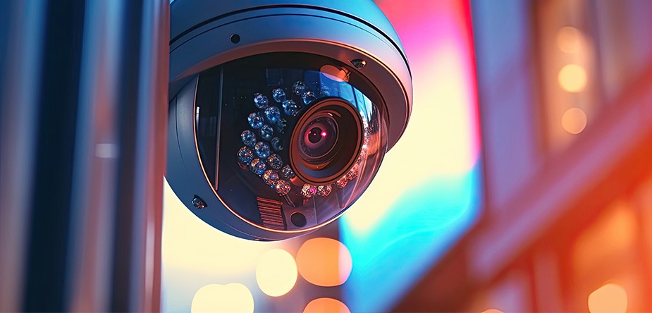 壁に取り付けられた、光沢のある多焦点監視カメラのクローズアップ写真
