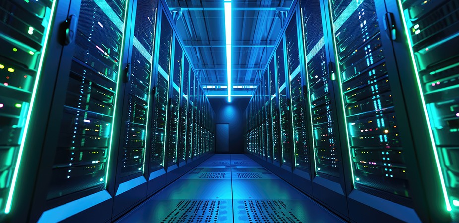 ネオンの光に照らされたデータセンターの空間